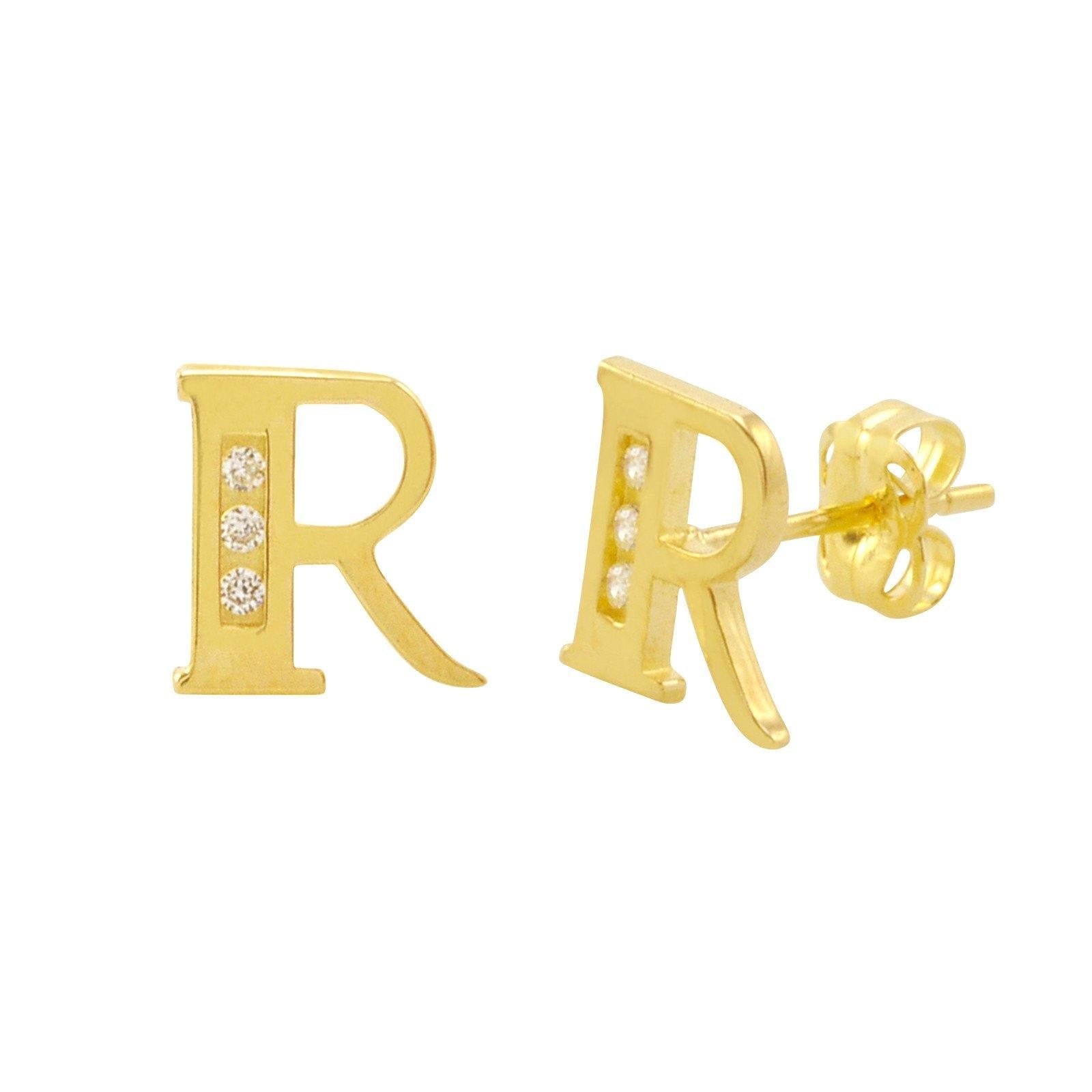 10k Yellow Gold Letter R CZ Initial Stud Earrings | Jewelryland.com
