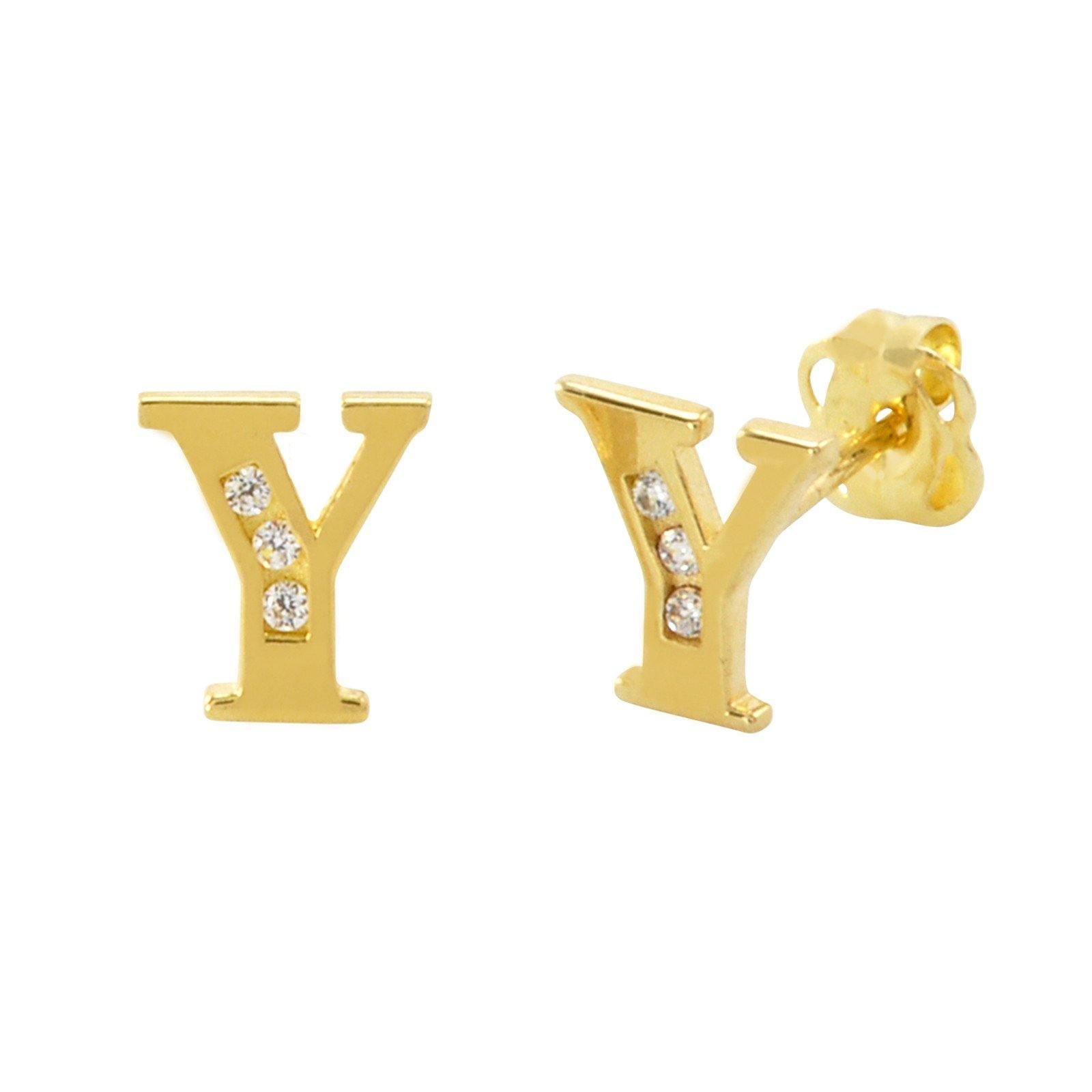 10k Yellow Gold CZ Initial Stud Earrings Letter Y | Jewelryland.com
