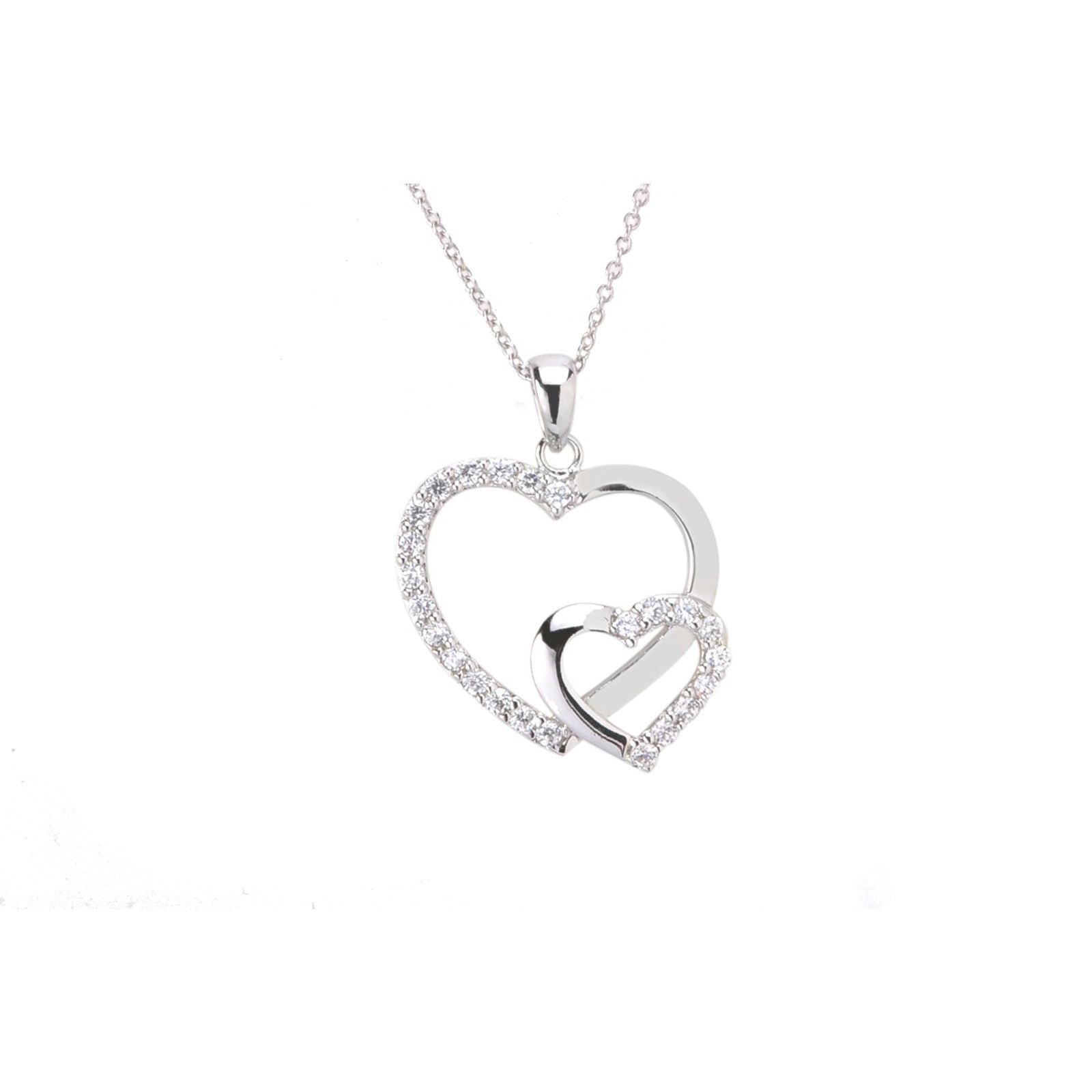 Double Heart CZ Necklace .925 Sterling Silver Clear Cubic Zirconia 28m ...