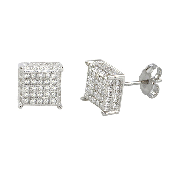 Sterling Silver Micropave Stud Earrings Clear 3d Square 4 Corner Accen ...