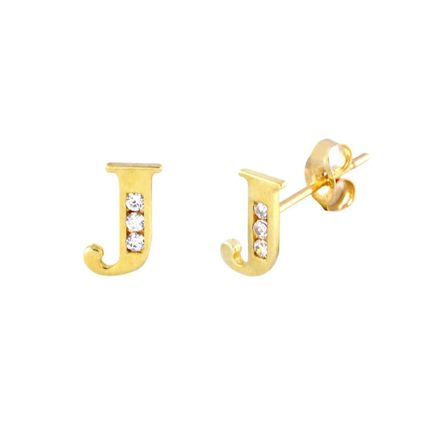 10k Yellow Gold Initial CZ Stud Earrings Letter J | Jewelryland.com