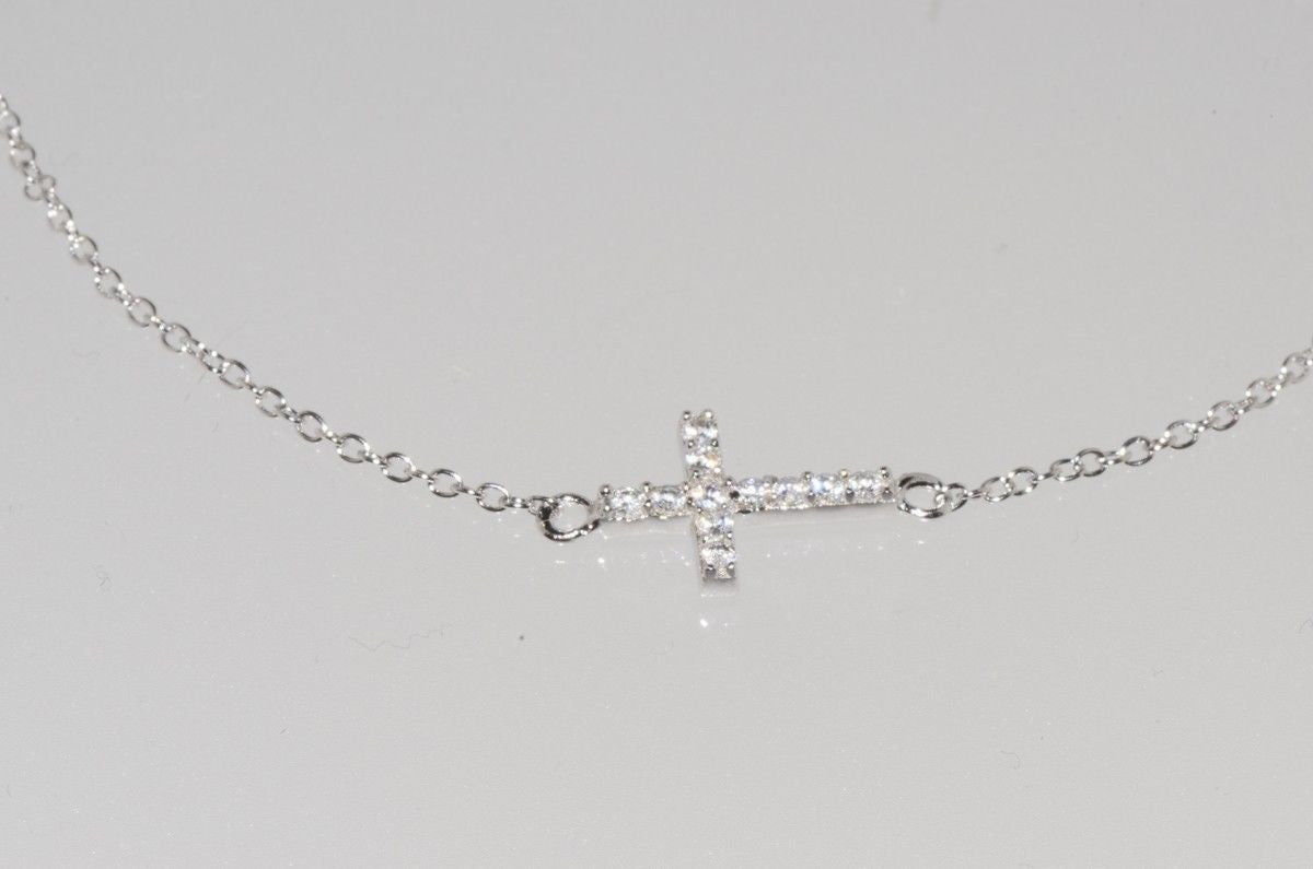 Sideway Cross Necklace 925 Sterling Silver Cubic Zirconia, 16.5"