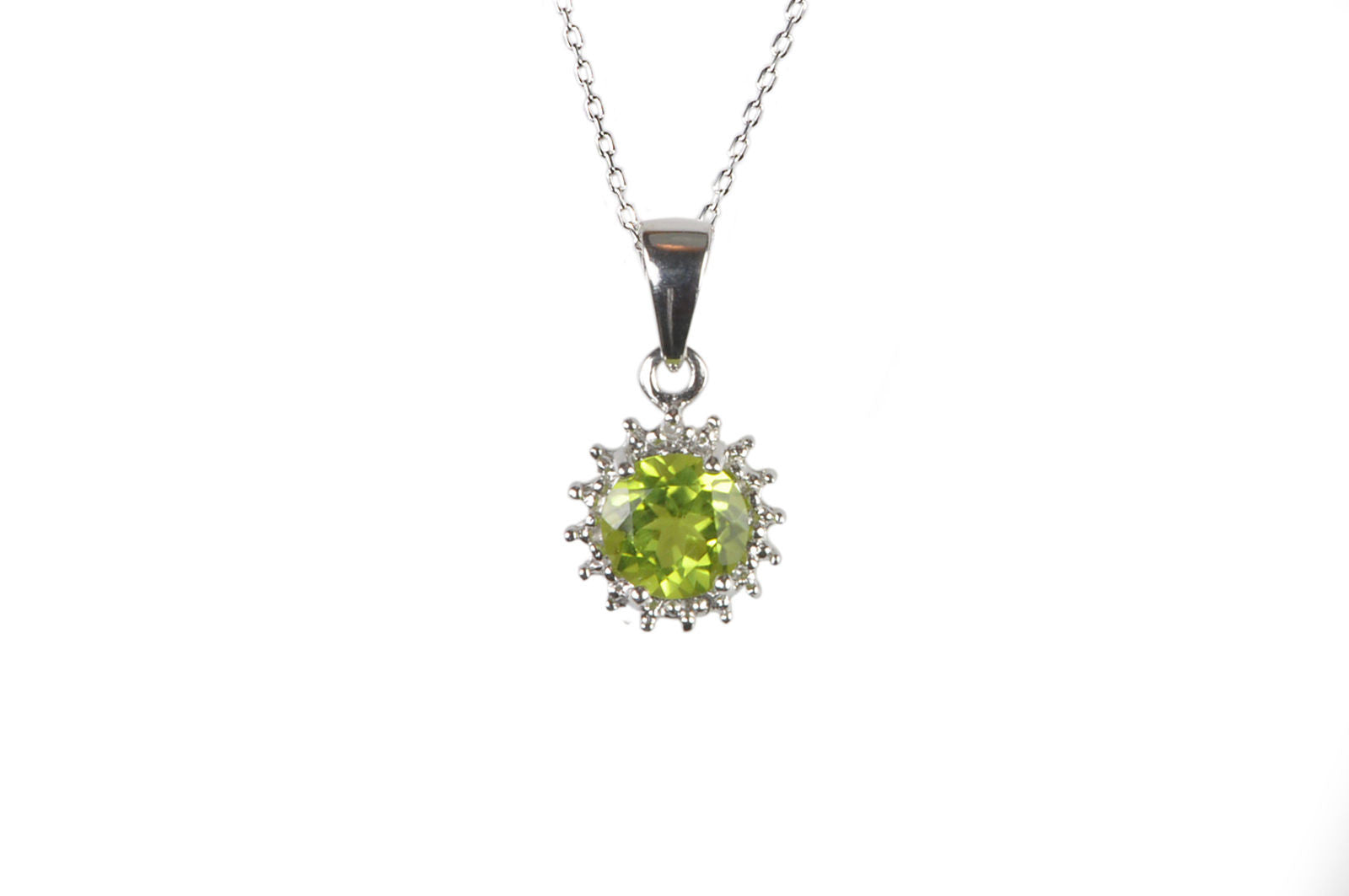 Sterling Silver Diamond and 6mm Round Peridot Gemstone Pendant Necklace