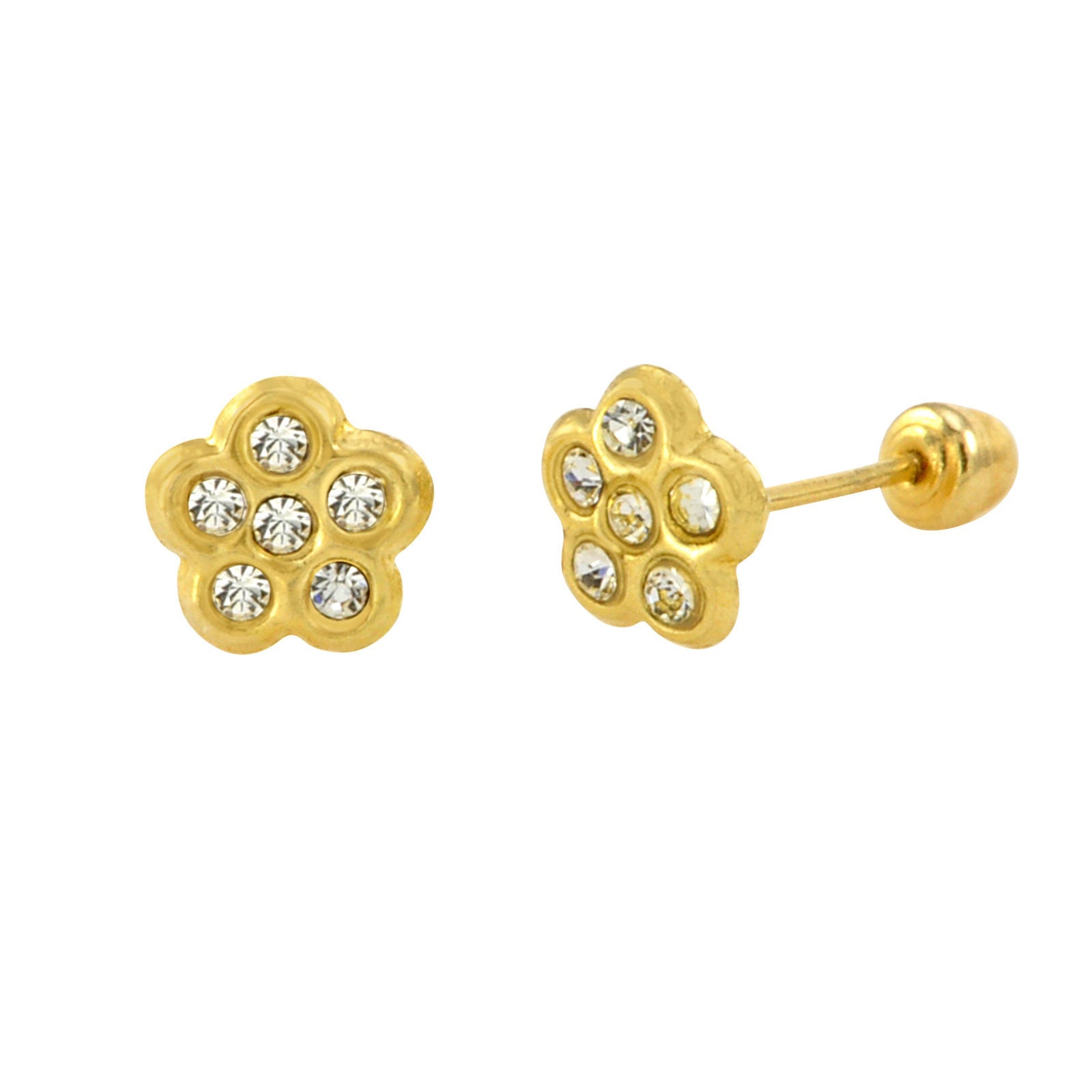 Mini Daisy Flower with CZ Stud Earrings 10k Yellow Gold with Screwback ...