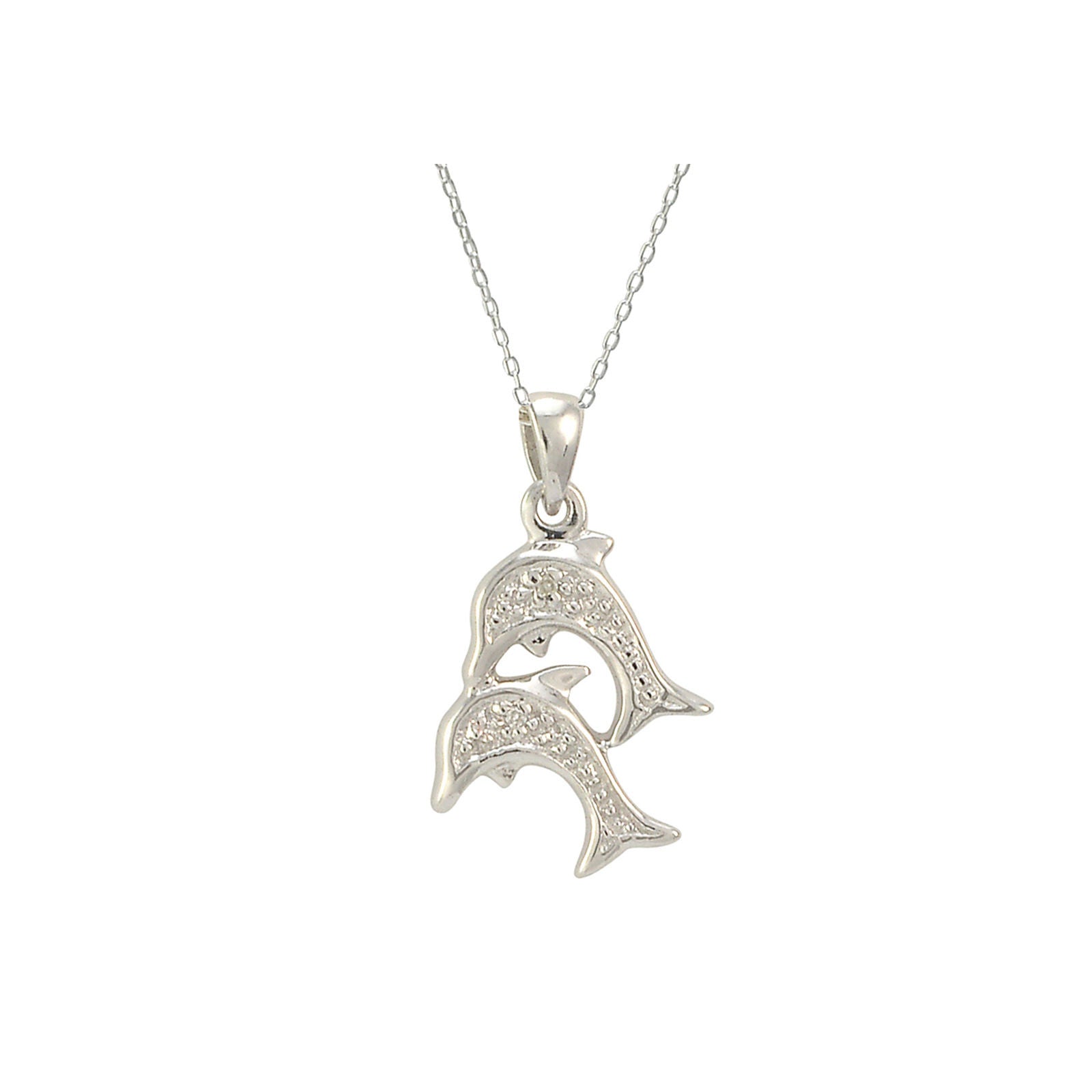 Sterling Silver Double Dolphin Diamond Necklace (.01 cttw, I-J, I2-I3)