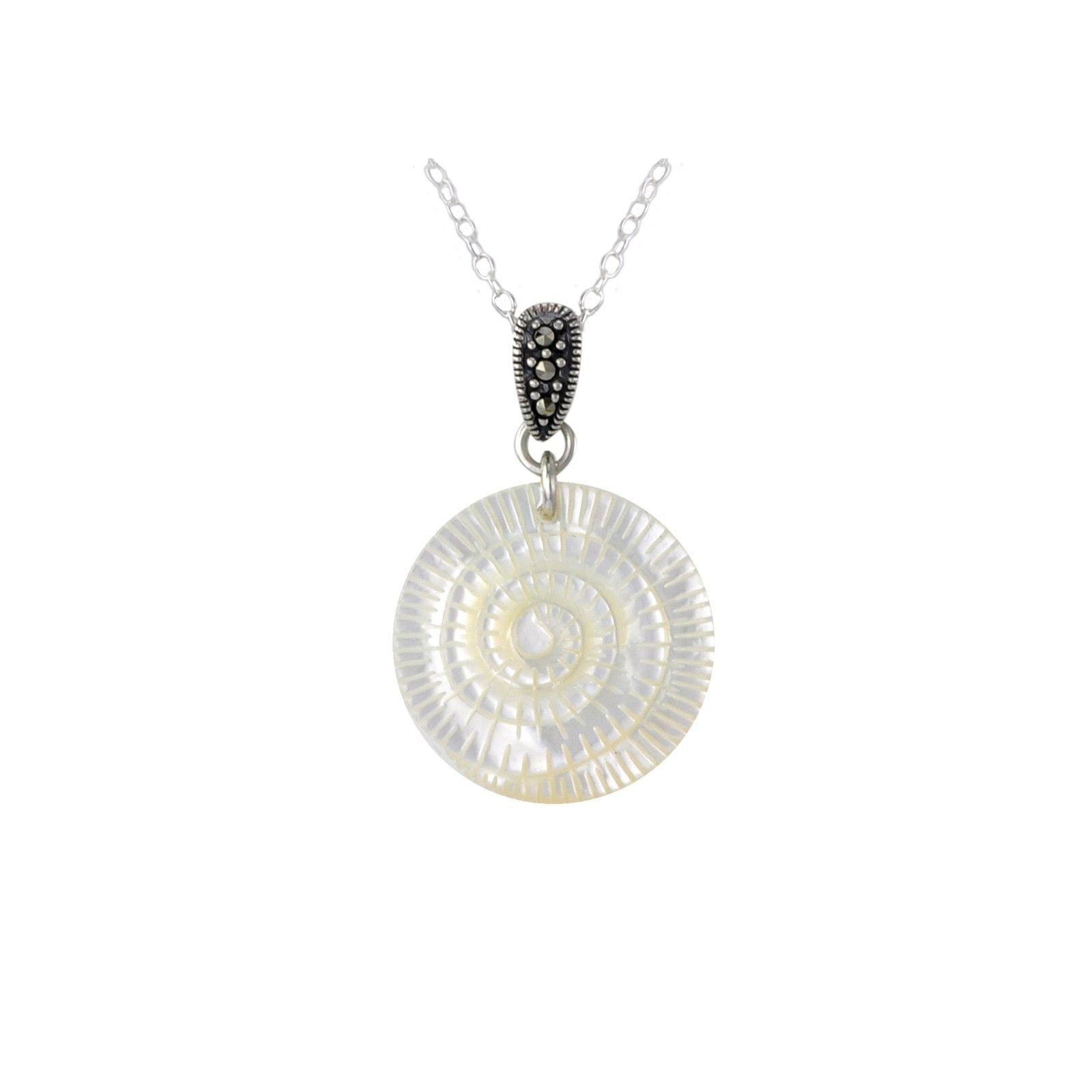 Sterling Silver Marcasite Necklace with Flat Circle Shell Pendant