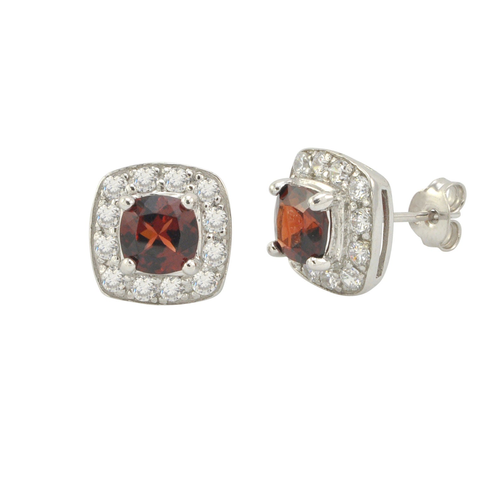 Garnet Gemstone Stud Earrings 925 Sterling Silver Square Micropave CZ ...