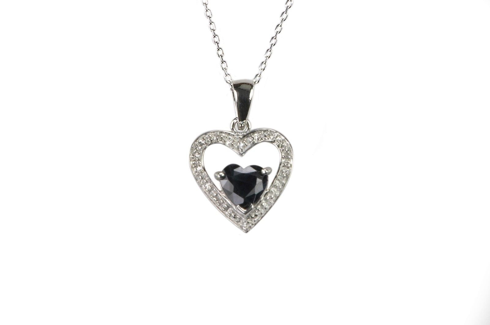 Sterling Silver Diamond and Dark Sapphire Heart Necklace with Heart Stone, 18"