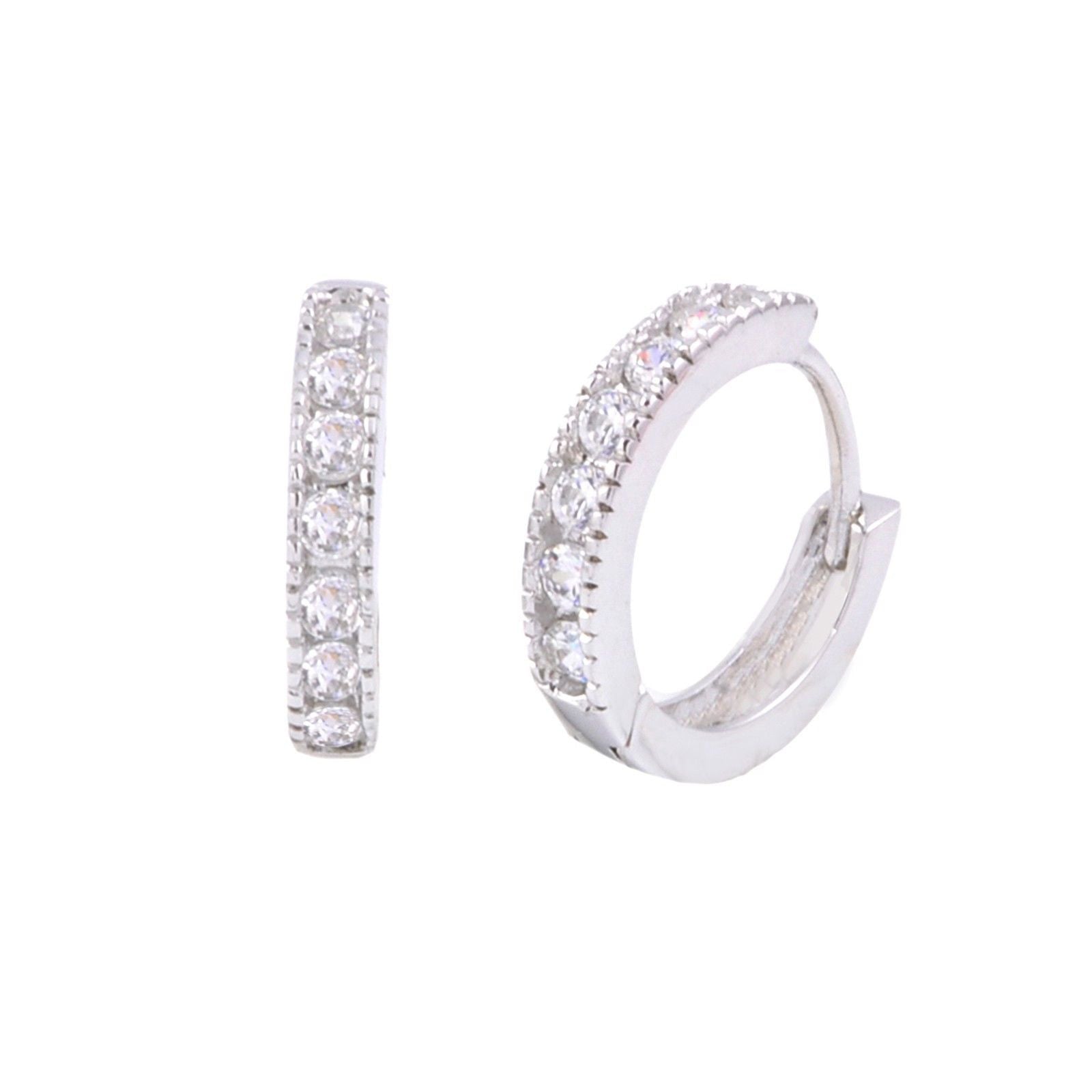 Hinged Hoops 925 Silver Huggie Earrings 15mm Clear Cubic Zirconia Ear