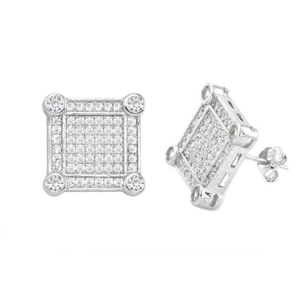 Sterling Silver Mens Stud Earrings Square Micropave Frame Cubic Zircon ...