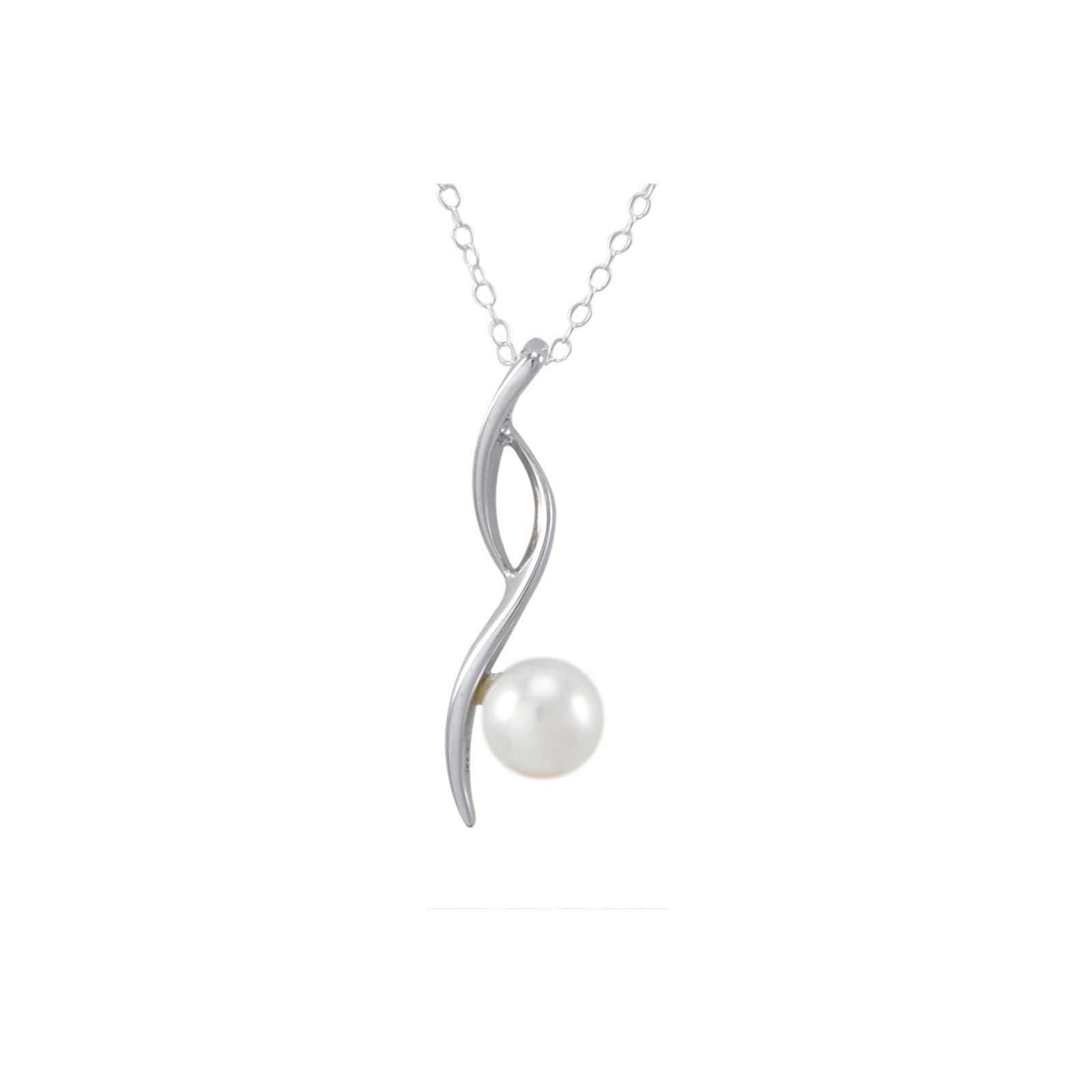 White Pearl Necklace Twisted High Polished Curved Bar Sterling Silver, 18" Chain