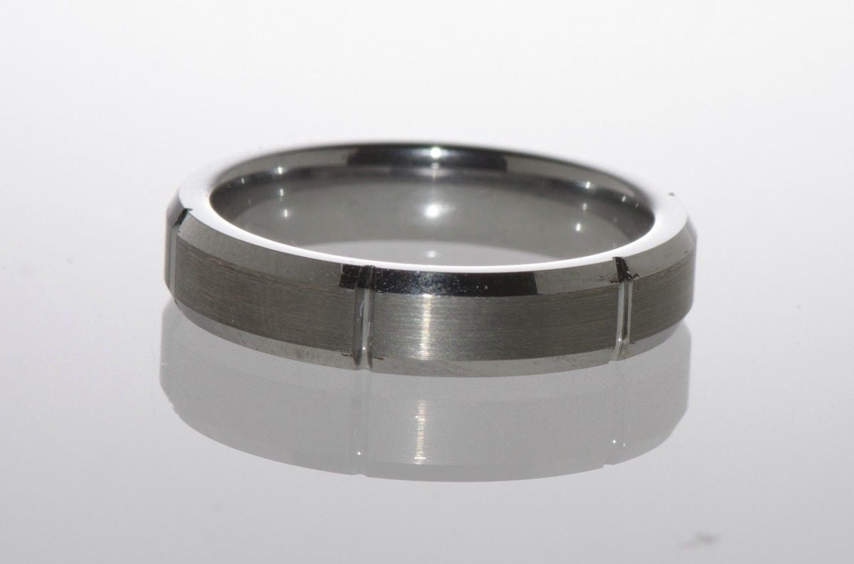 Mens Wedding Band Tungsten Ring Multiple Vertical Grooves Brushed Center 5mm