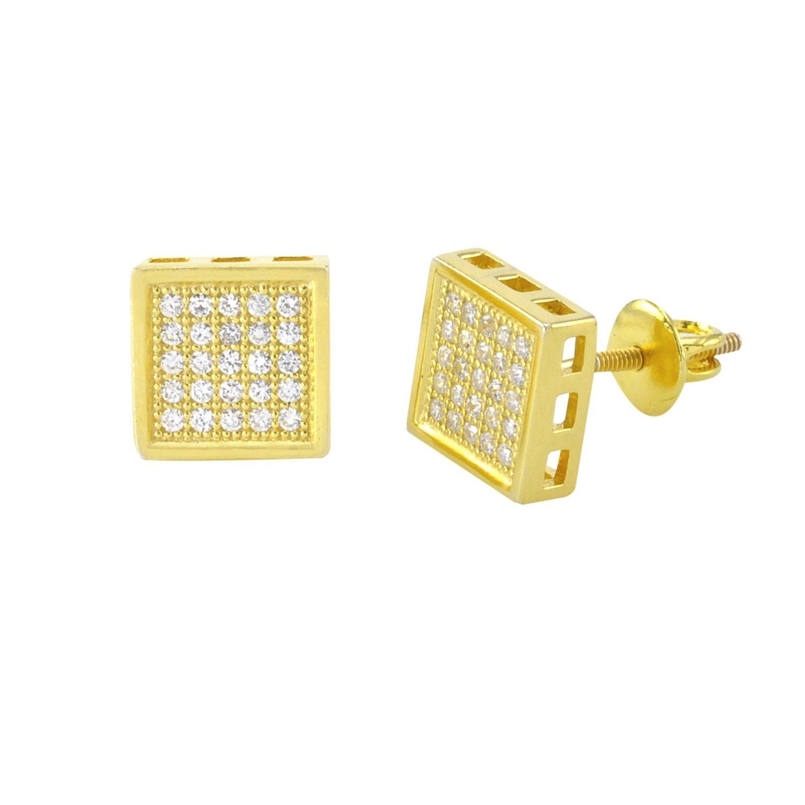 Screw Back Earrings Yellow Gold Plated Micropave CZ Cubic Zirconia 8mm ...