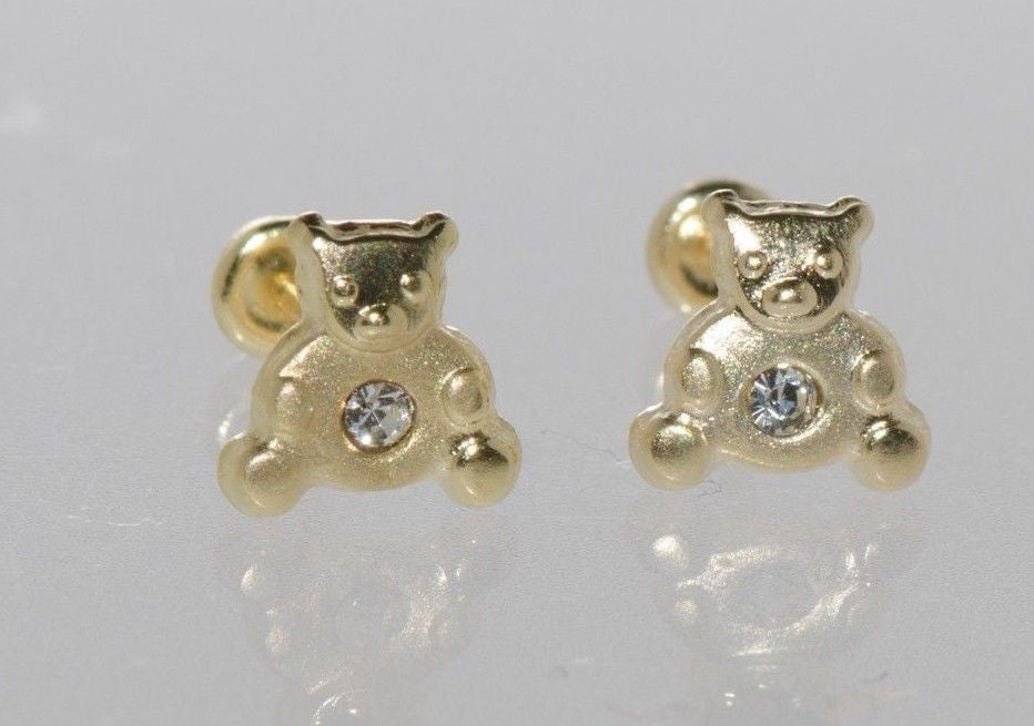 Teddy Bear Stud Earrings 10k Yellow Gold 6mm CZ Screw backs Cubic Zirc ...