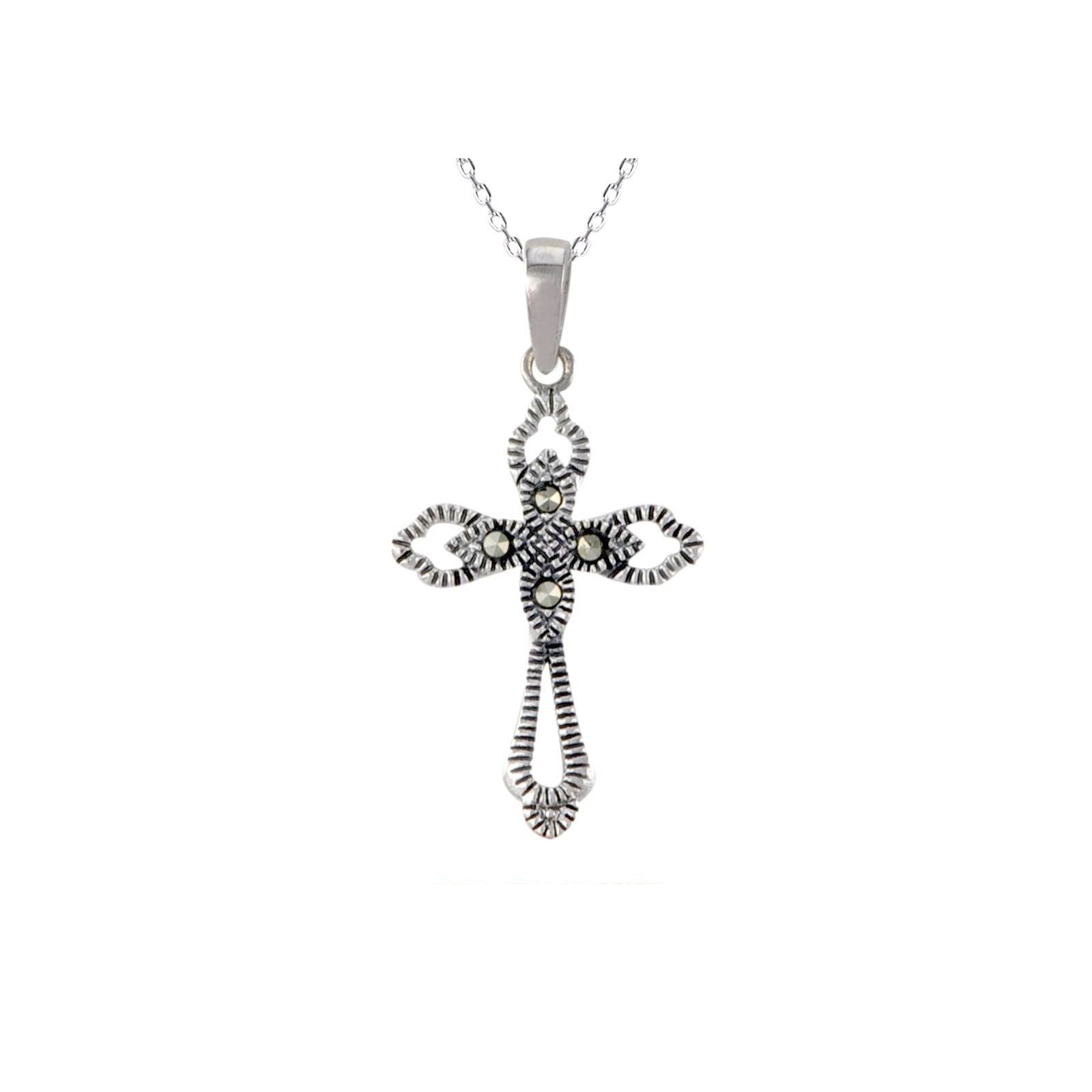 Sterling Silver Marcasite Cross Pendant Necklace with 18" Silver Chain