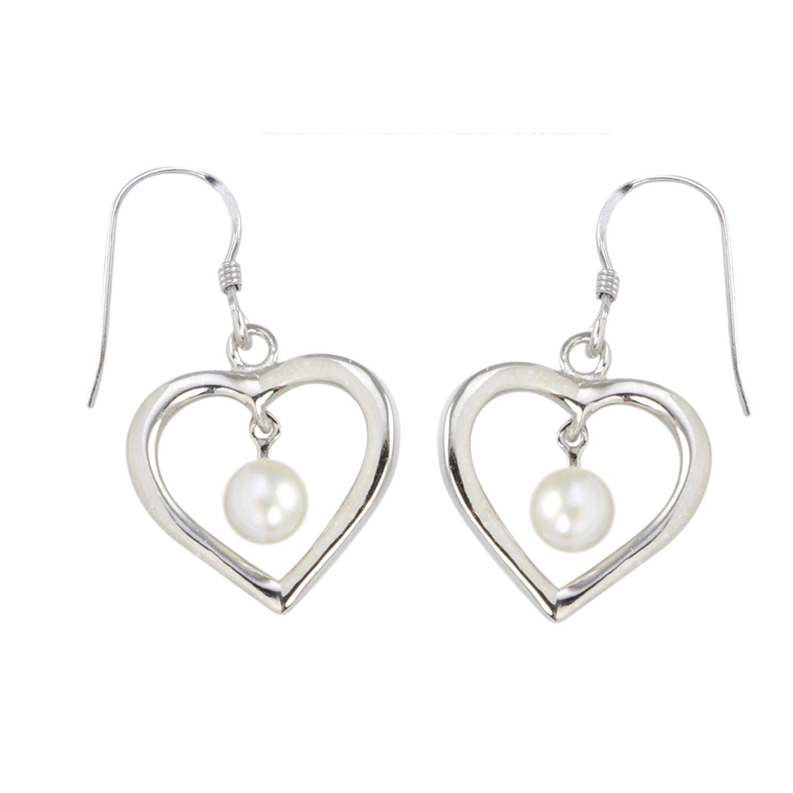 Dangle Earrings White Pearl Open Heart Design .925 Sterling Silver ...