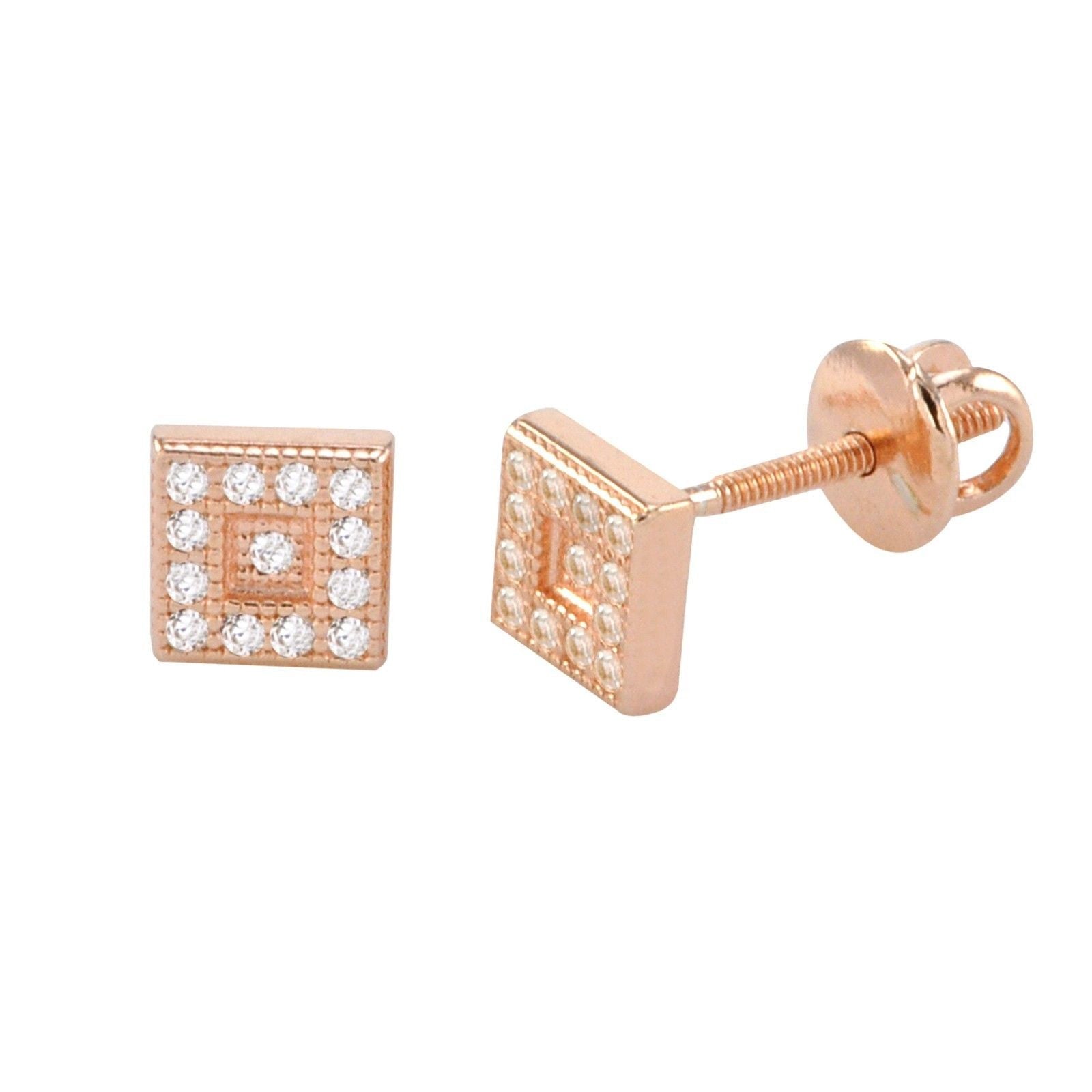 Screwback Stud Earrings Sterling Silver Rose Gold 5mm CZ Square Center ...