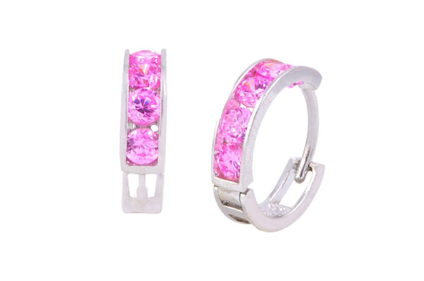 Sterling Silver 14mm Pink CZ Huggie Hoop Earrings | Jewelryland.com