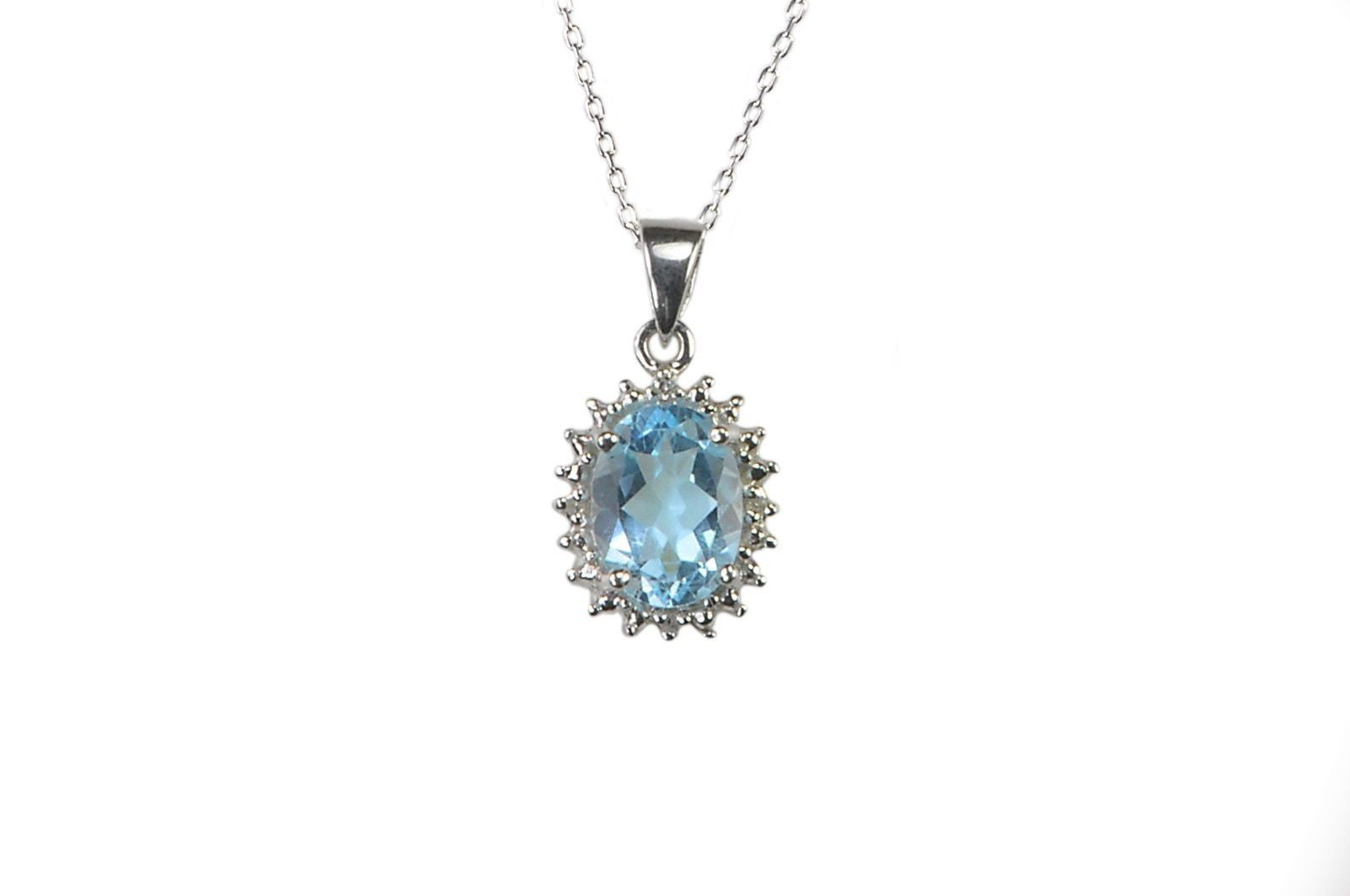 925 Sterling Silver Diamond and Blue Topaz Necklace 16mm Oval 18 Inch Chain