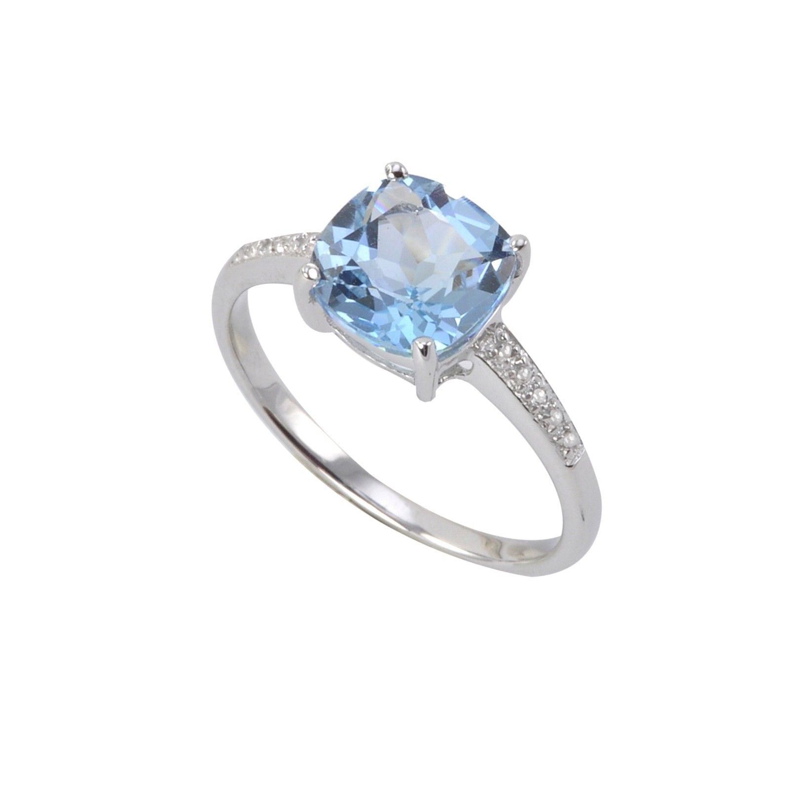 Sterling Silver .01ct Genuine Diamond Ring with Square 8mm Blue Topaz ...