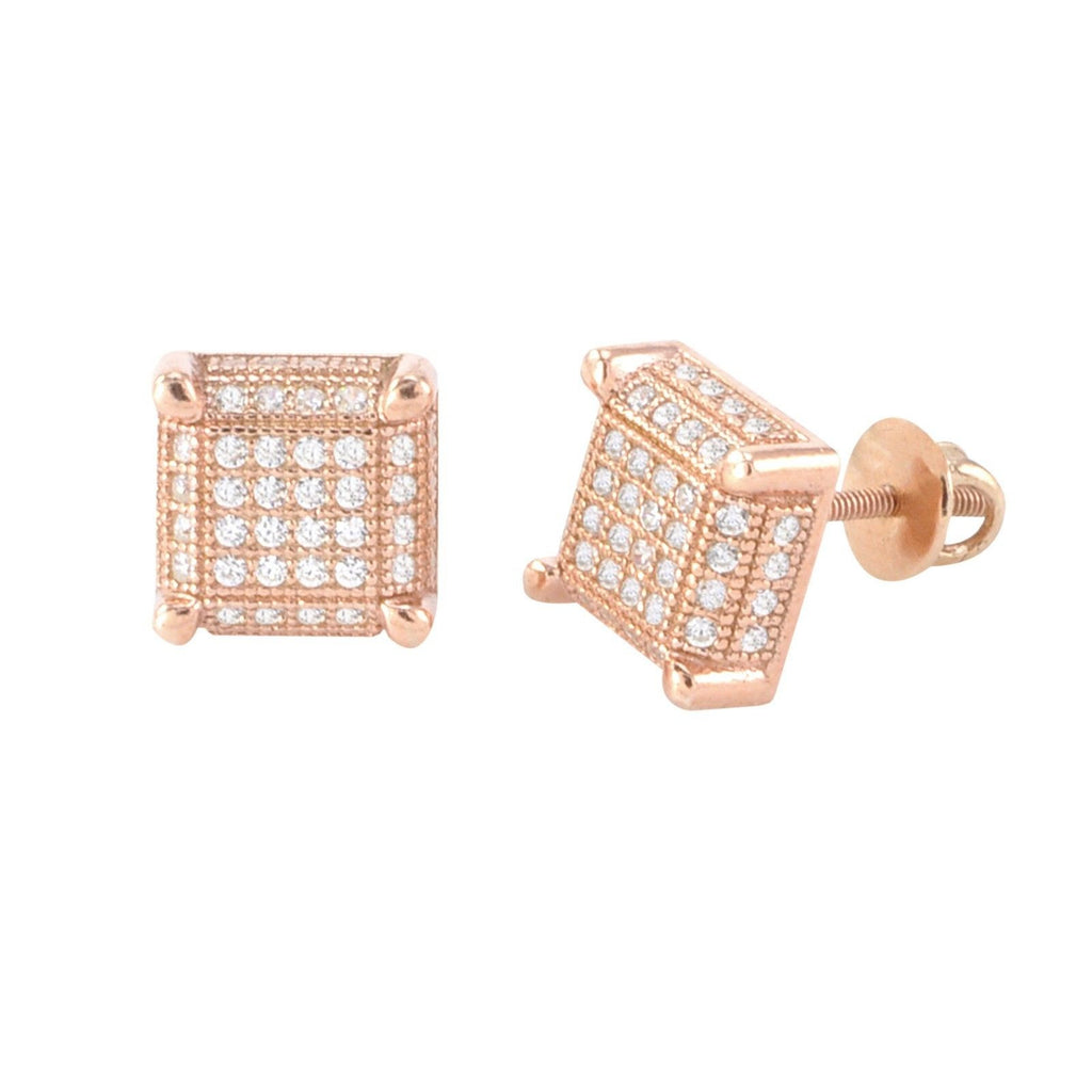 Mens Womens Studs Screwback Earrings Rose Gold Plated Micropave CZ 9mm ...