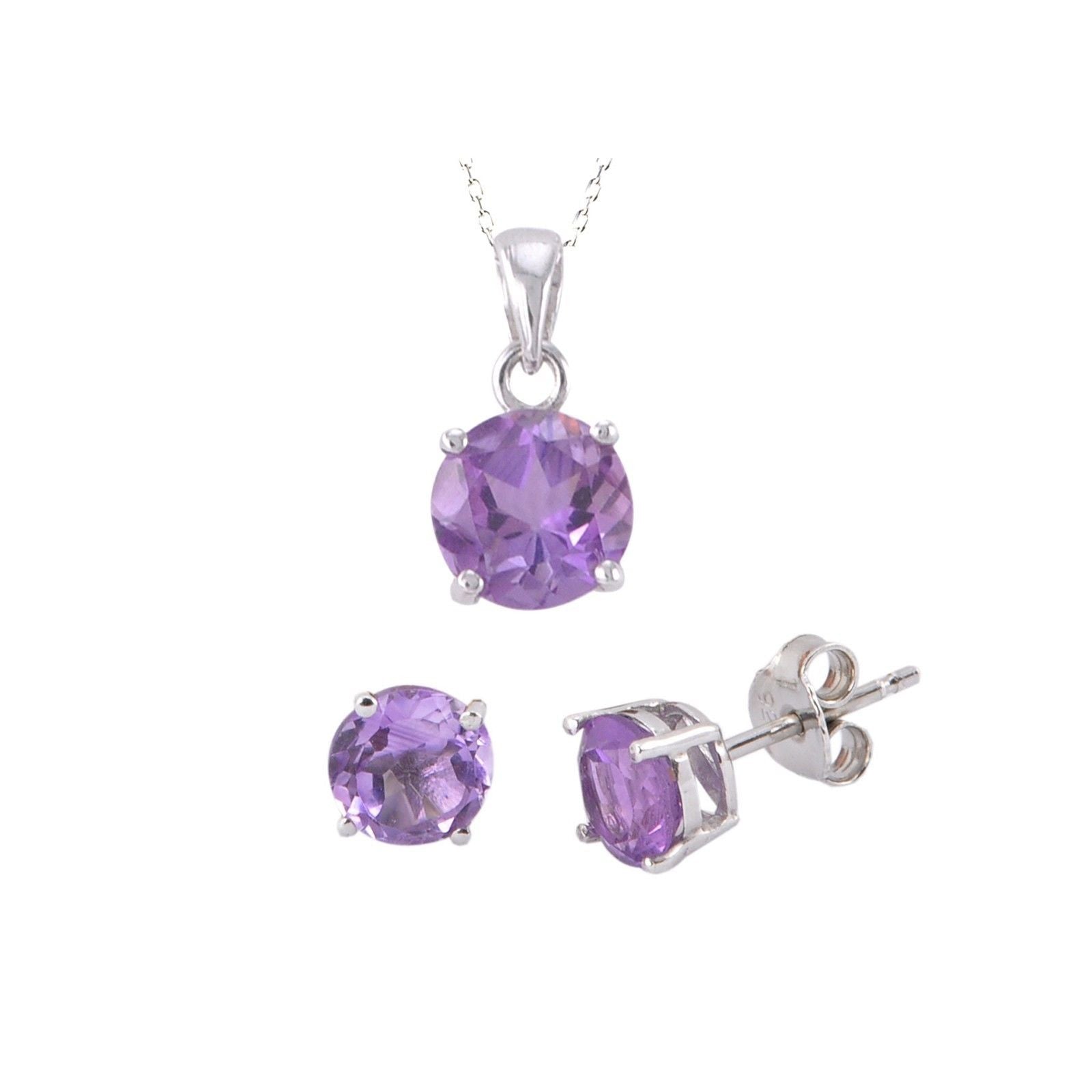 925 Sterling Silver Amethyst Gemstone Pendant Necklace and Earrings Set Purple