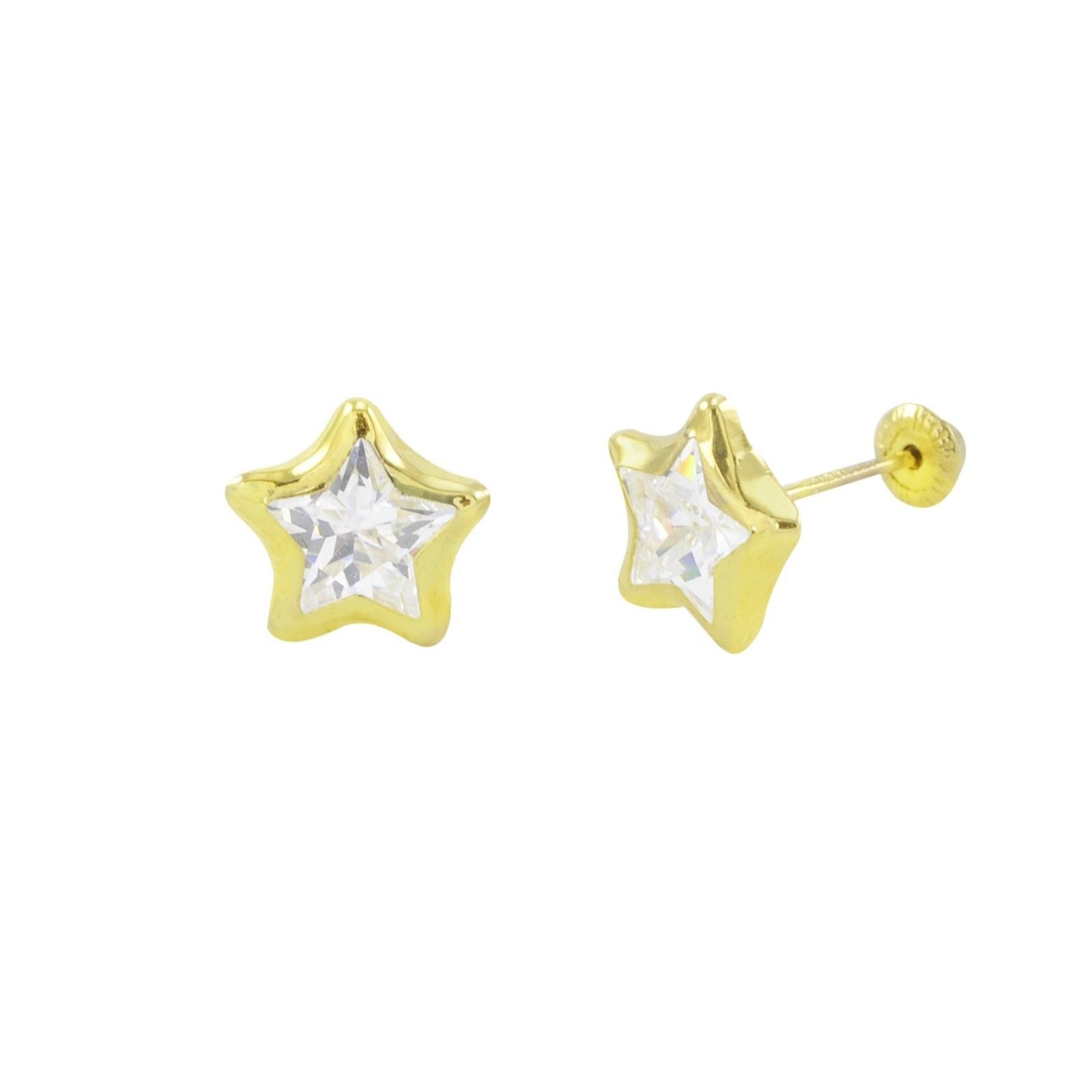 10k Yellow Gold Star Stud Earrings Screwbacks Clear CZ Bezel Set 4mm-7 ...