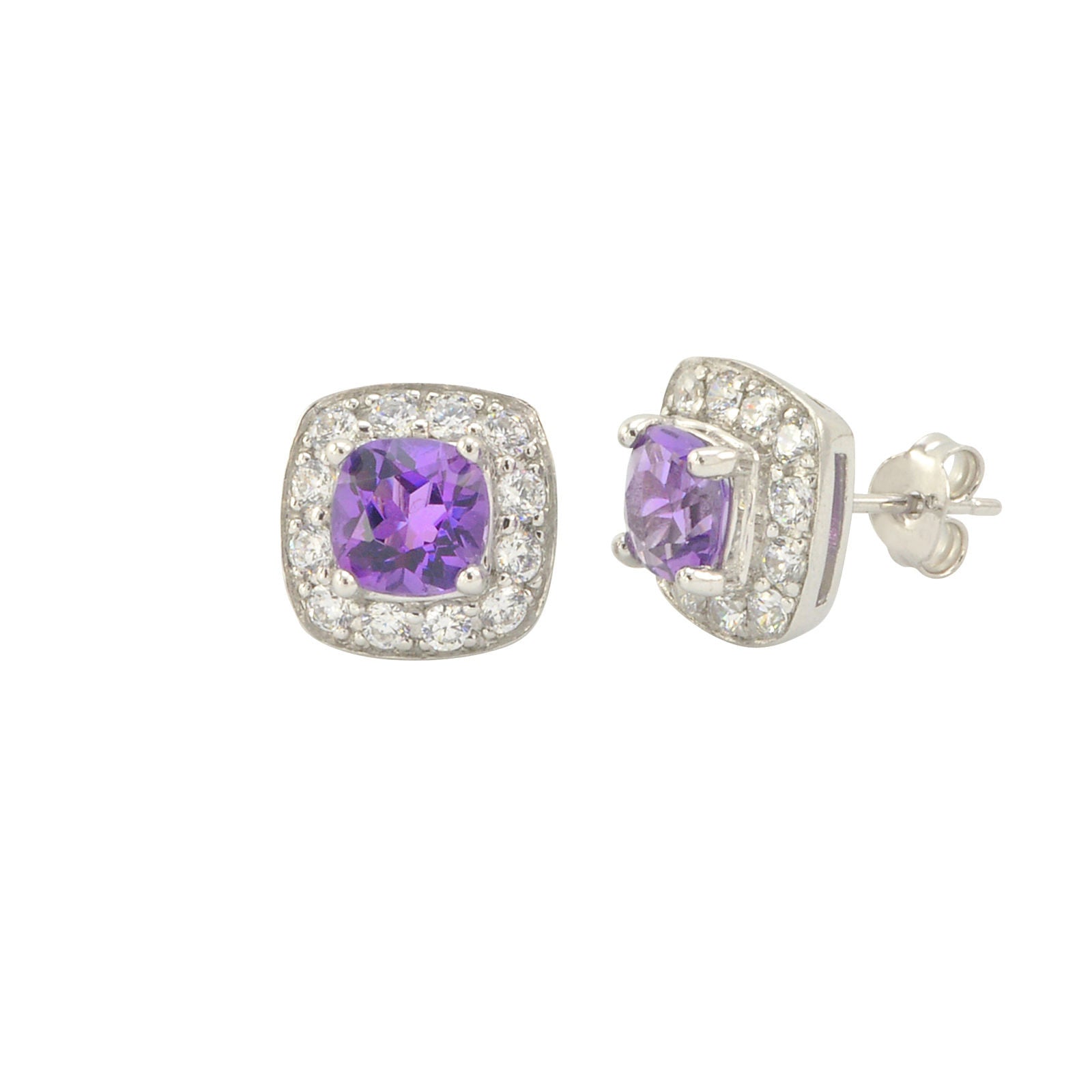 Amethyst Gemstone Stud Earrings 925 Sterling Silver Square Micropave C