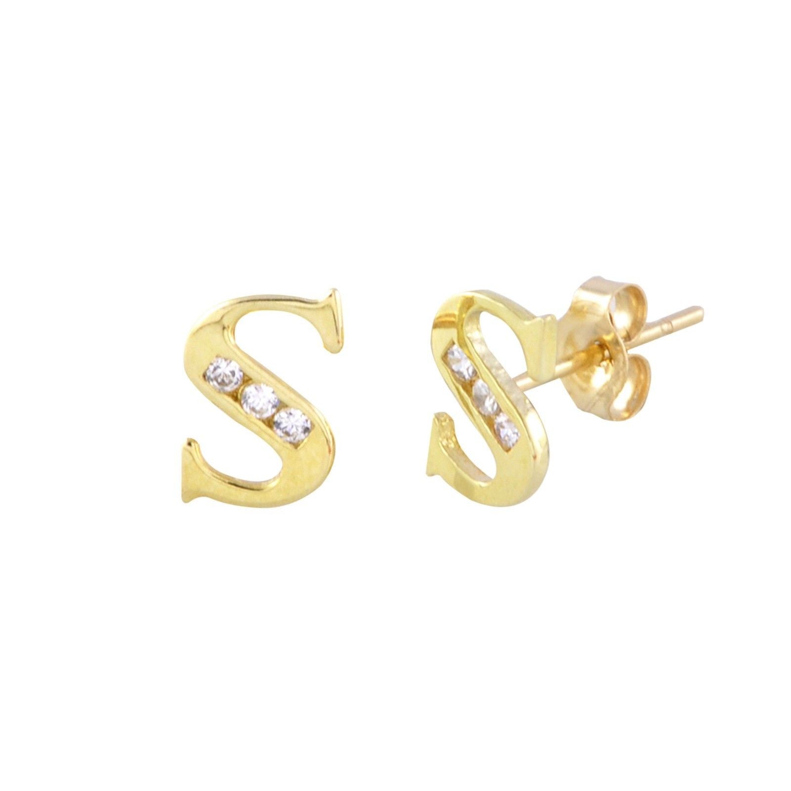 10k Yellow Gold CZ Initial Letter S Stud Earrings | Jewelryland.com