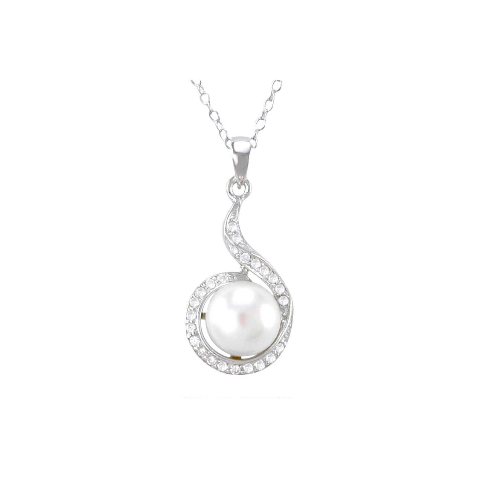 Sterling Silver White Pearl Necklace Elegant CZ Wraparound Design, 18" Chain