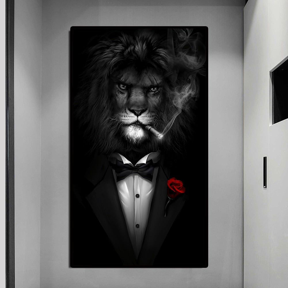 Black Wild Lion In A Suit Smoking A Cigar Canvas Painting Posters and Prints Wall Art Picture for Living Room Home Decor Cuadros