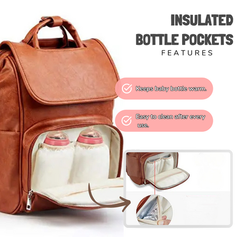 feature of leather baby diaper bag back[ack with insulated pockets