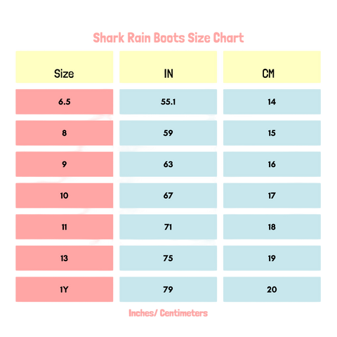 image of size table for shark rain boots for kids