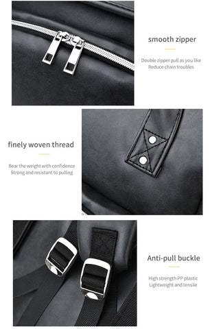 details of black faux leather baby diaper bag with expandable baby change mat