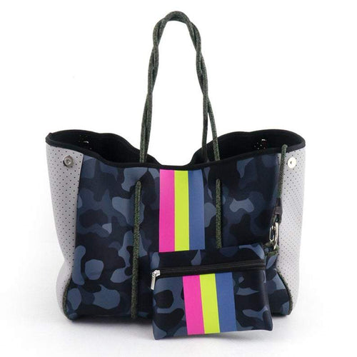 Camo with Red/Black Stripe Neoprene Tote