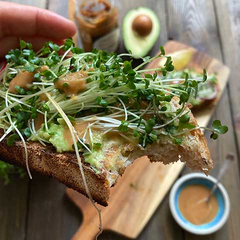 avo broccoli sprouts miso toast