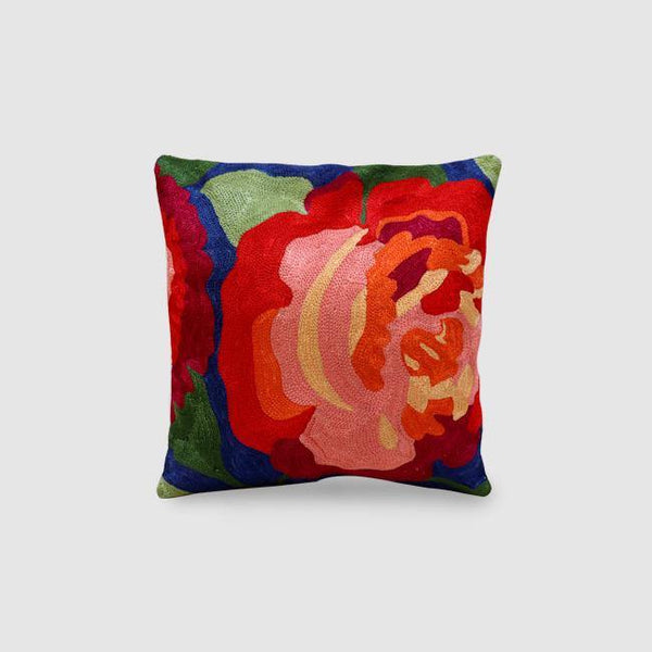 Rose Chainstitch Embroidered Cushion Cover Navy Blue - Zaina by CtoK