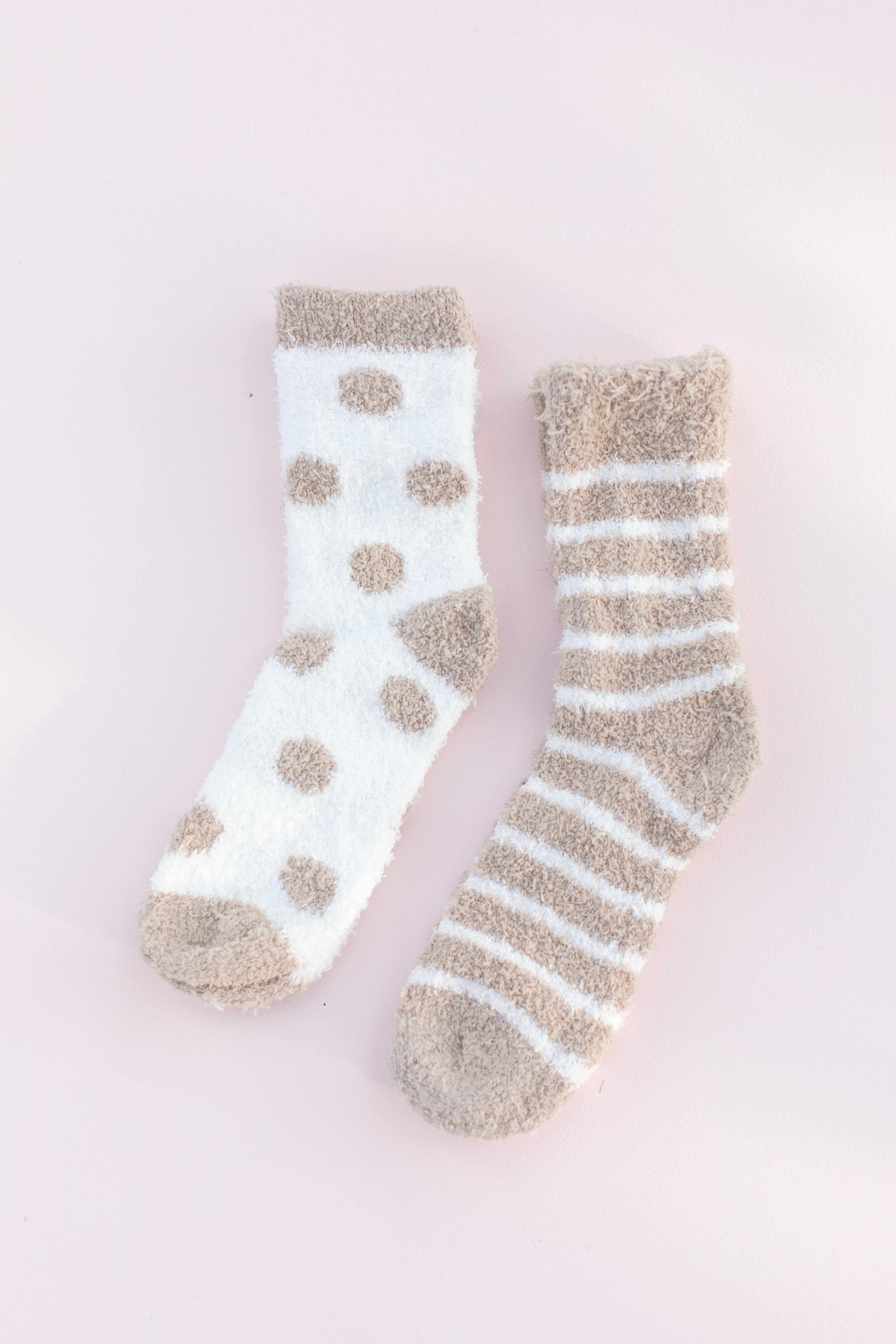 Tan Stripe Polka Dot Fuzzy Socks