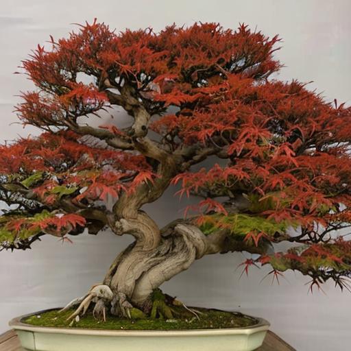Very old Japanese maple bonsai with trunk base that's almost fills the pot and sharply narrows to an apex. Lower branches are thicker and well ramified and the branches become thinner nearing the apex.