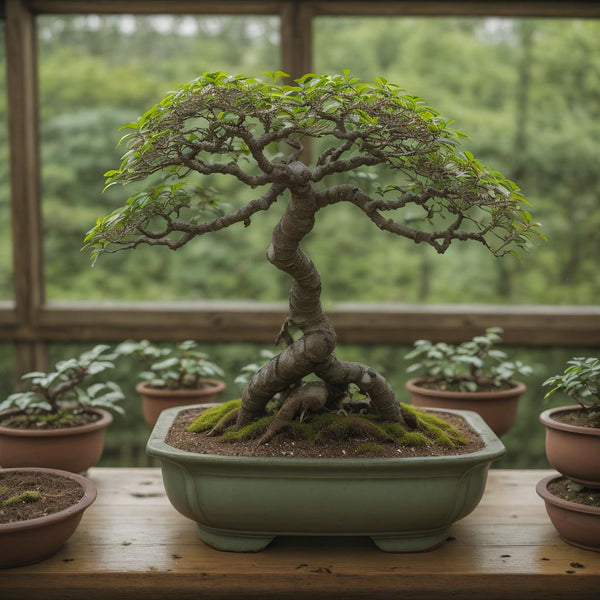 Short bonsai in a green rectangular bonsai pot.