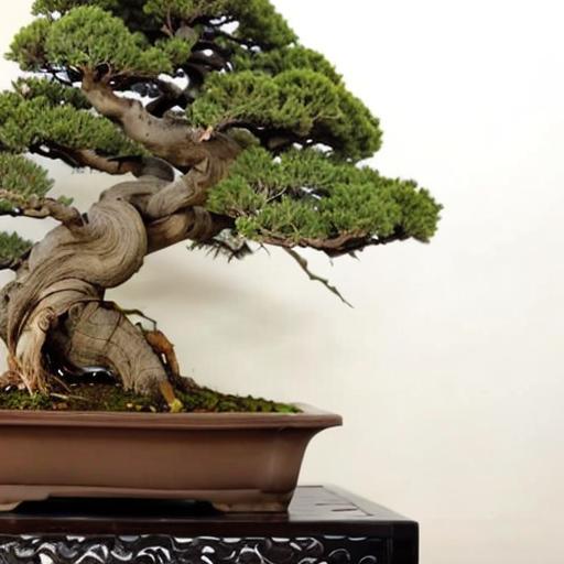 Very old Juniper bonsai with trunk base that's almost fills the pot and sharply narrows to an apex. Lower branches are thicker and well ramified and the branches become thinner nearing the apex.