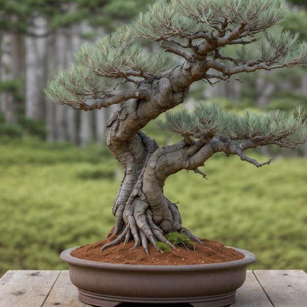 White Pine Bonsai with a thick trunk base and a trunk that sharply tapers to the apex. With the branches thicker at the bottom and getting thinner as they get closer to the apex.