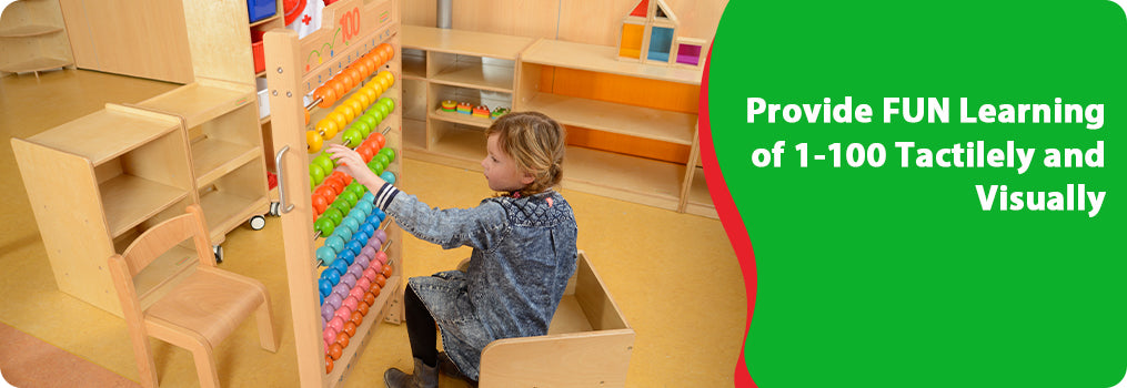 This giant freestanding abacus is made of sturdy European beech wood and heavy duty stainless steel bars.  The 100 colourful beads provides different play options encouraging developments on number sequencing skills, fine motor skills, interaction skills and etc.