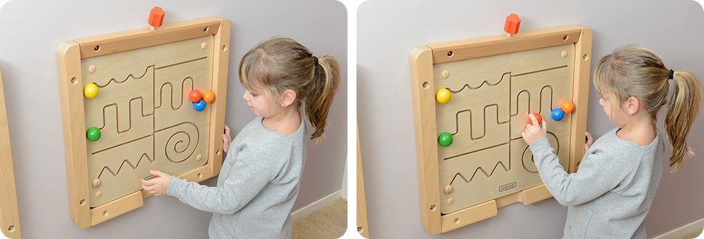 A sliding maze game to help develop fine motor skills together with shape recognition. This product features different types of waves, a spiral and straight lines.  Made from sturdy European wood, the maze board can be used either wall mounted or with the Masterkidz Free-standing Painting Window. Made from Russian Birch plywood and Beech Wood wood. 