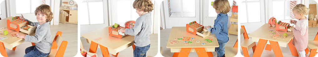 A cash register featured with bouncy buttons, counting beads, credit card, coins and notes and a bar code scanner.  Makes a perfect market stand role playing combination with the Masterkidz Market Stand and Cash Register. 