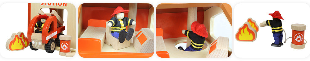 Run your own fire station!  2-storey wooden fire station featured with a call center and a resting area on upper floor.  A garage on ground floor with a standby fire truck.  2 firemen are included.    Made of sustainable European beech and plywood.  madeofeuropeanbeechInteraction