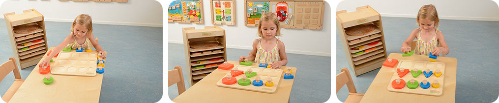 A 12 piece wooden shapes peg puzzle that helps children develop colour matching, size sequencing, and logical thinking.