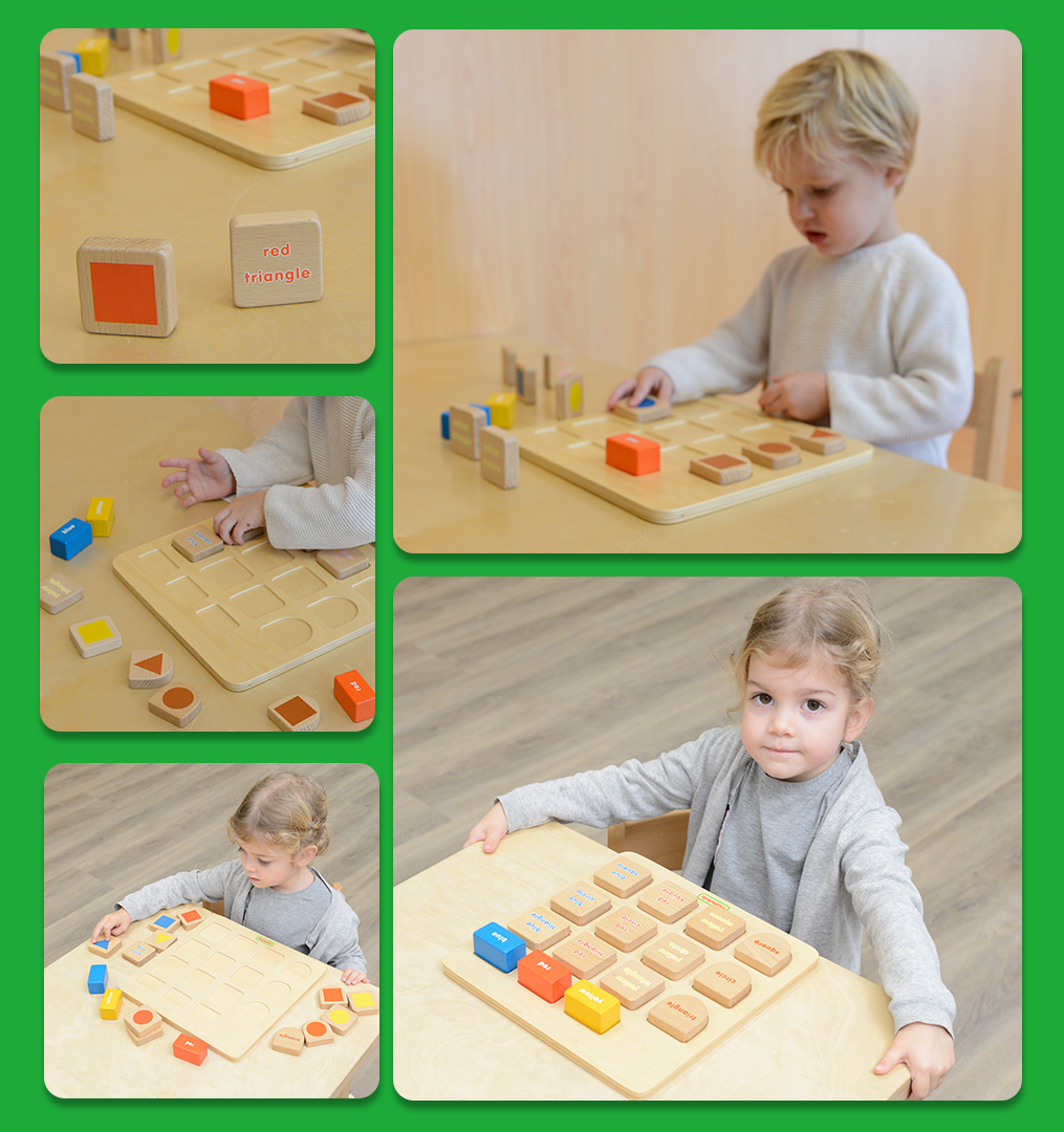 The 3 rectangular blocks on the top row represent 3 basic colours red, yellow and blue. The 3 semi-circular blocks on the left column represent 3 baisc shapes triangle, circle and square.    To play, teacher or parent can use any one of the 3 semi-circular blocks and the 3 rectangular blocks, and ask the kid to match the square blocks with the colour blocks. Or, to place all 3 colour blocks and all shape blocks on the board, ask the kid to place all 9 square blocks at the right positions.    A perfect toy for shape learning, colour recognition and logical thinking skills development.