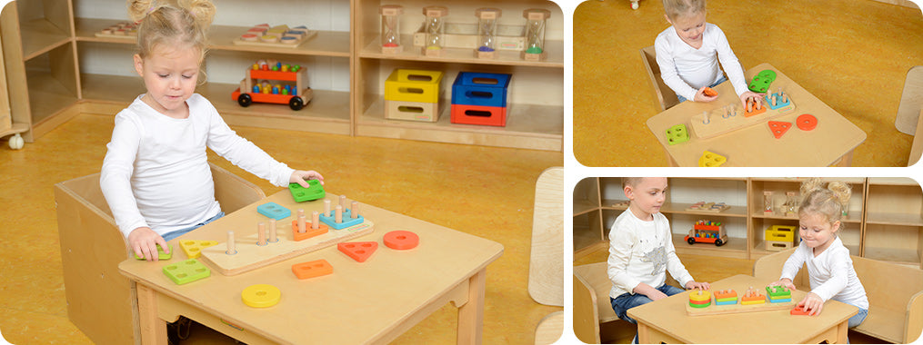 Each shape has 3 pieces in various colours. Helps children develop fine motor skills, shape and colour recognition.