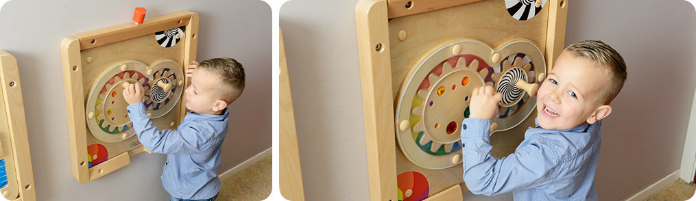 This is a simple hand coordination training gear board with one big and one small gear.  Player will hold the handles with both hands and turn simultaneously.  Each gear wheel will rotate at different speeds.  Colourful gemstones on each gear wheel also provide extra visualstimulation.  An excellent toy for left and right brain coordination skills training. 
